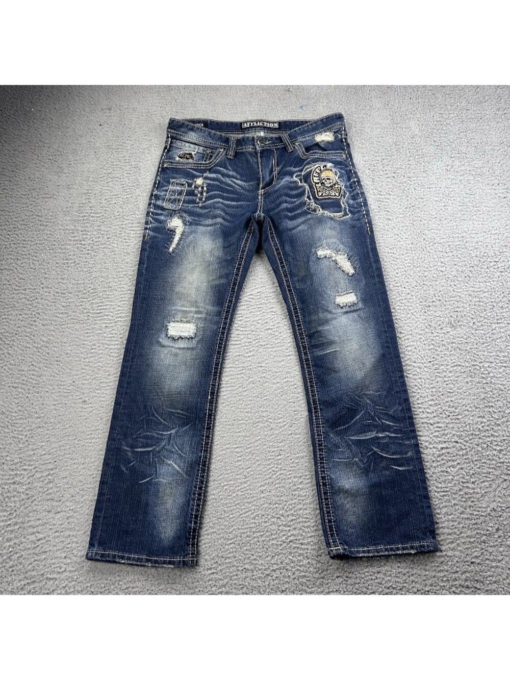 Affliction Cooper Straight Cut Mens Jeans Size 32 Short Distressed Patches